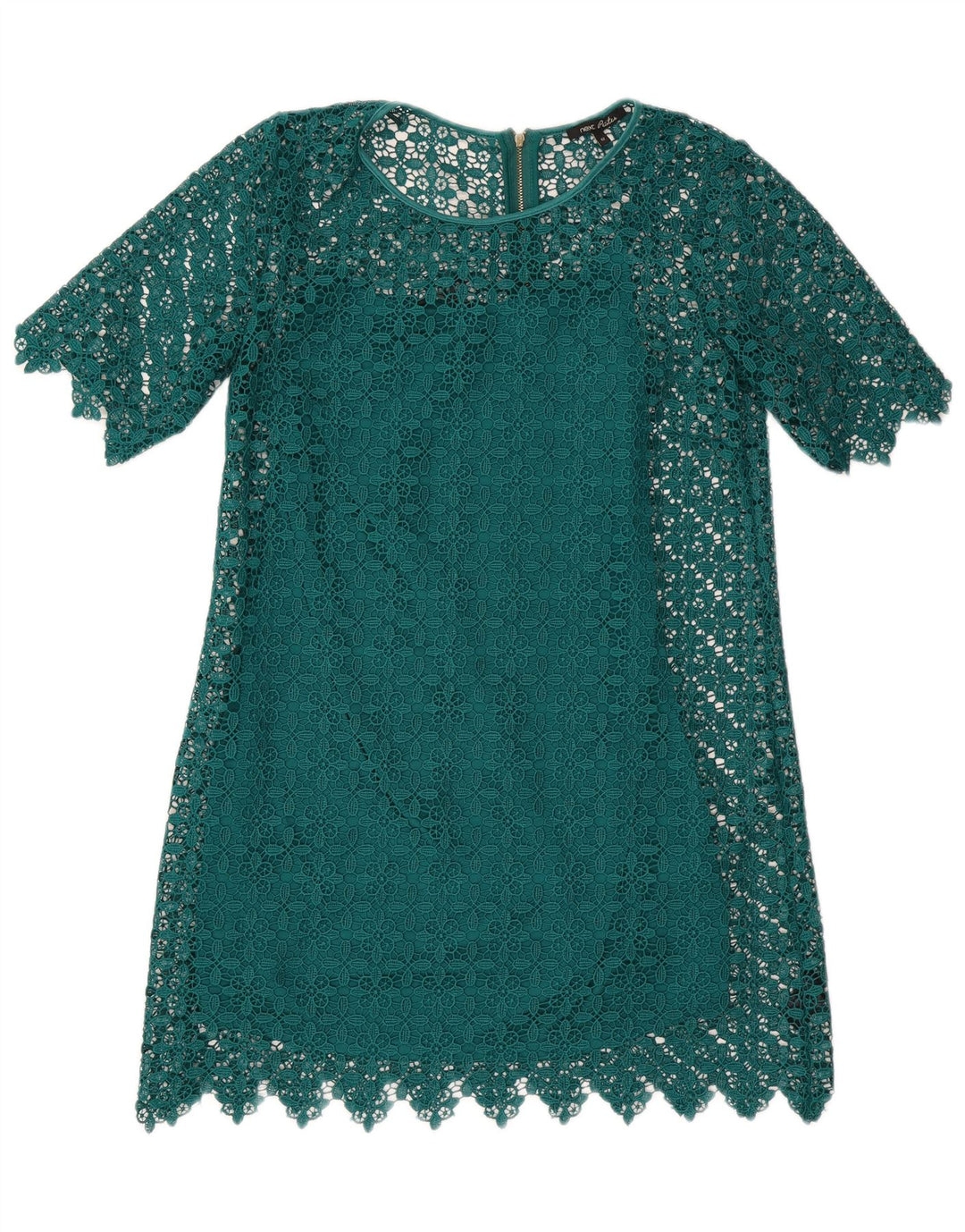 Next Damen Petites Spitzen-Etuikleid UK 12 Mittelgrünes geometrisches Polyester