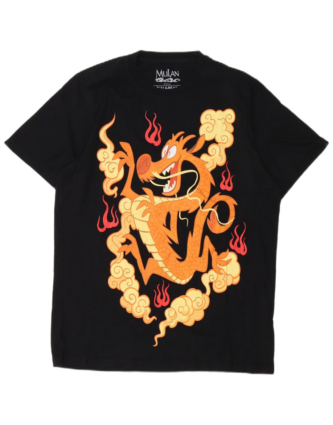 Pull & Bear Herren-T-Shirt mit Mulan-Grafik, Größe L, aus schwarzer Baumwolle