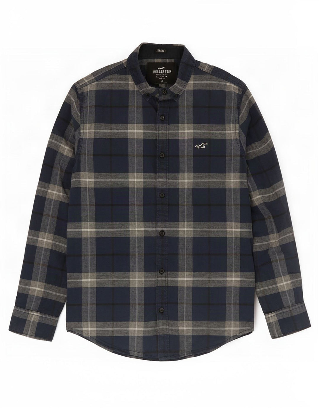 Hollister Herren-Stretchhemd, klein, marineblau, kariert, Baumwolle