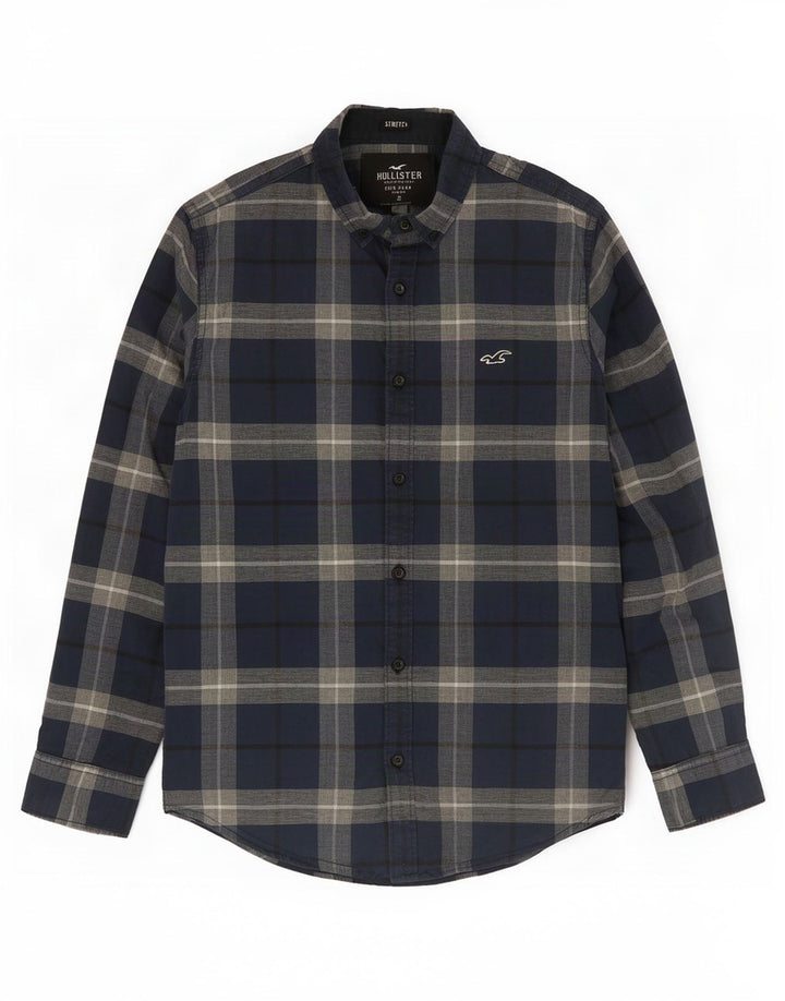 Hollister Herren-Stretchhemd, klein, marineblau, kariert, Baumwolle