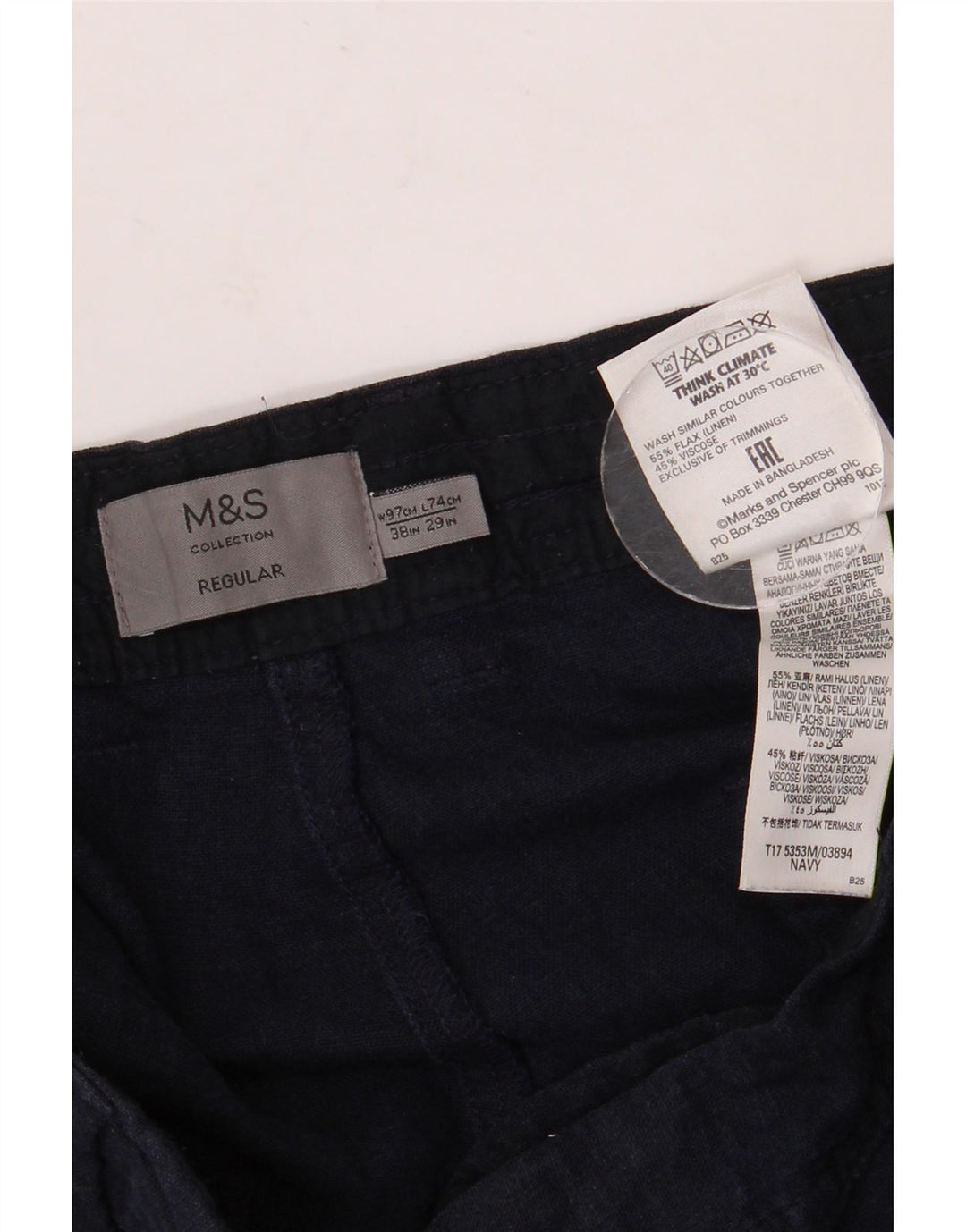 MARKS & SPENCER Herren-Chinohose mit normaler Passform, W38 L29, marineblaues Leinen