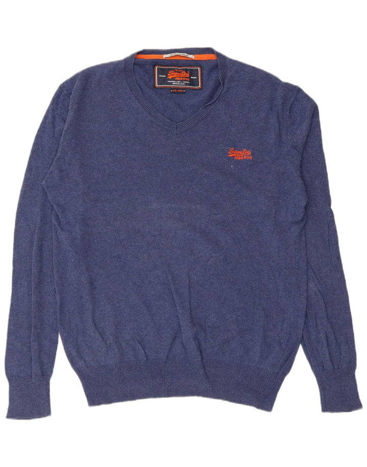 Superdry Herren-Pullover mit V-Ausschnitt, groß, aus blauer Baumwolle