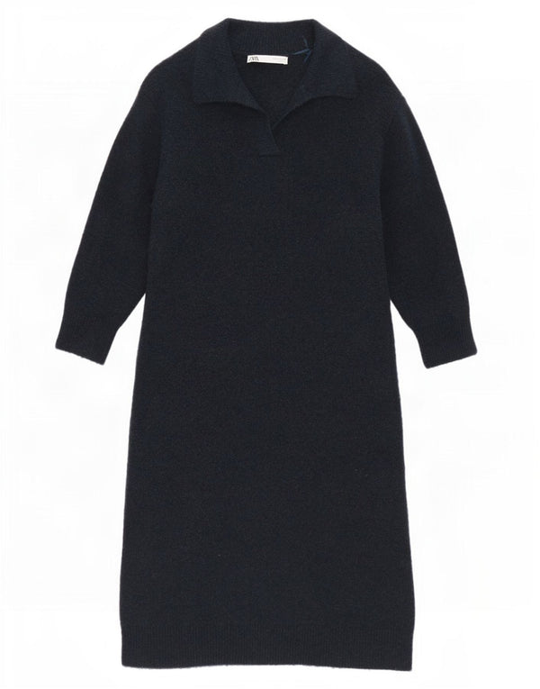 Zara Damen Langarm-Pulloverkleid UK 10 Small Marineblau Acryl