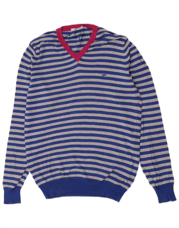 Gas Herren-Pullover mit V-Ausschnitt, mittelblau, gestreift, Baumwolle