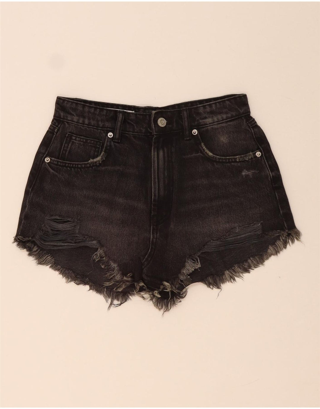 ZARA Damen Distressed Denim Shorts EU 34 2XS W24 Schwarz