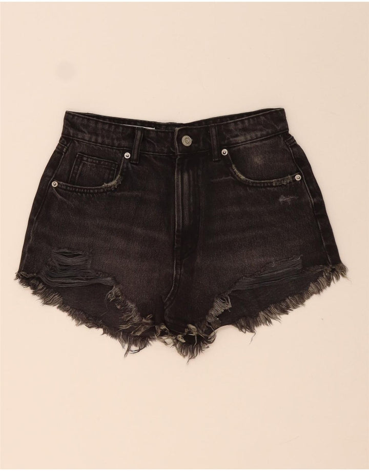 ZARA Damen Distressed Denim Shorts EU 34 2XS W24 Schwarz