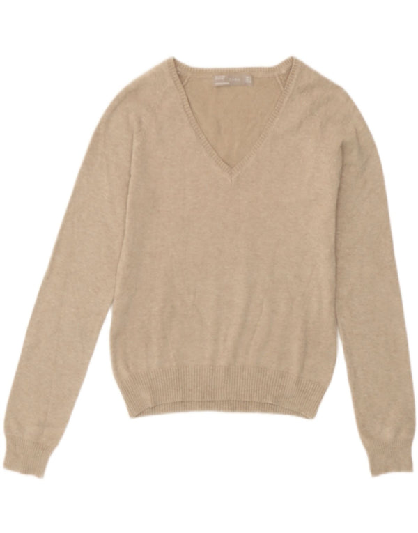 Zara Damen Crop V-Ausschnitt Pullover Pullover UK 10 Small Beige Baumwolle