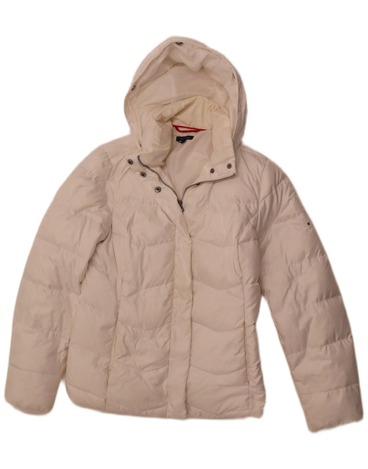 TOMMY HILFIGER Wattierte Damenjacke mit Kapuze, UK 12, Mittelweiß, Polyester