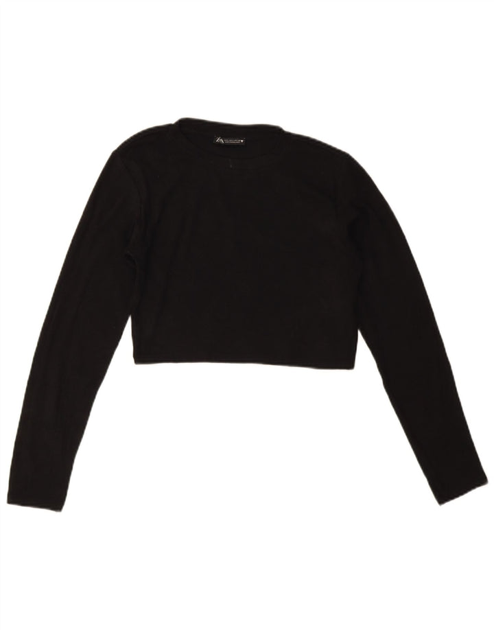 Zara Damen Crop Top Langarm UK 16 Große schwarze Baumwolle
