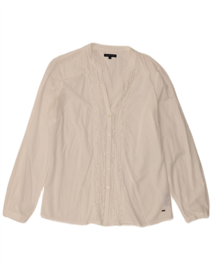 Tommy Hilfiger Damen-Hemd mit Rüschen vorne, US 12, große weiße Baumwolle