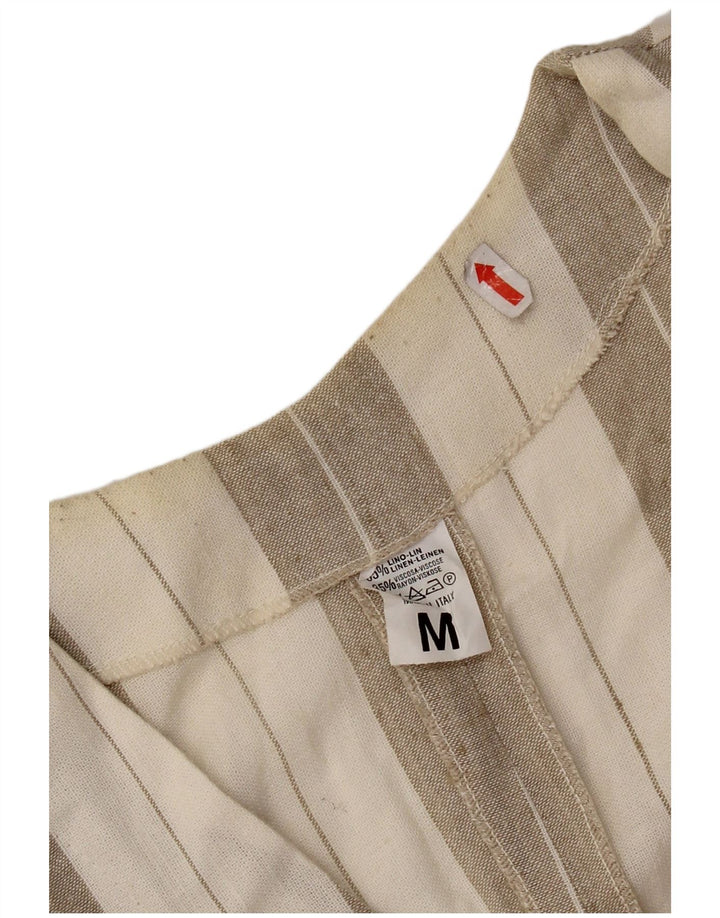 Vintage Damen Kurzarm-Hemdbluse UK 14 Medium Beige Gestreiftes Leinen