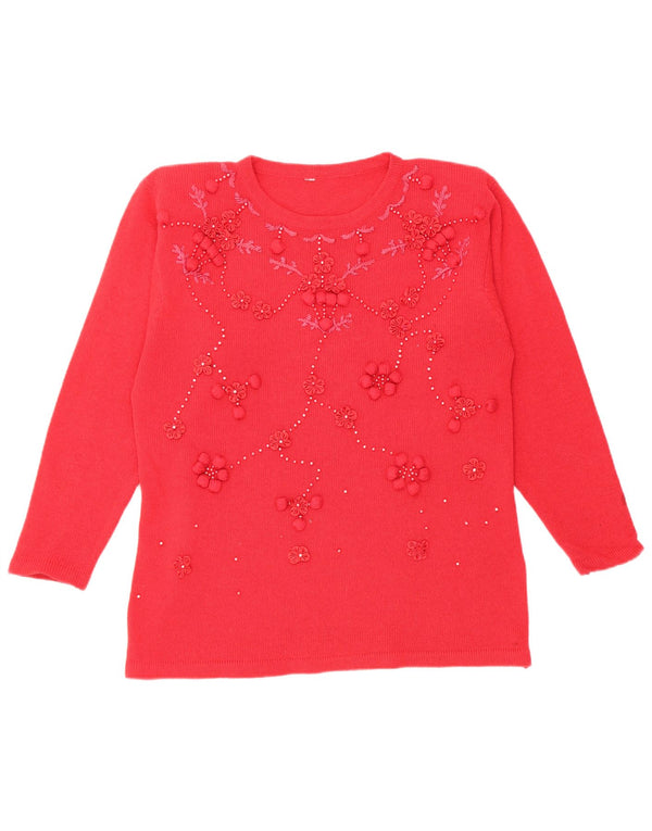 Vintage Damen Pullover mit U-Boot-Ausschnitt, UK 16, große rote Wolle mit Blumenmuster