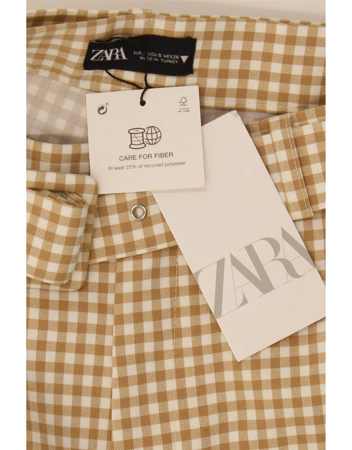 Zara Damen-Hotpants mit hoher Taille, Größe S, Größe S, Beige, Gingham-Polyester