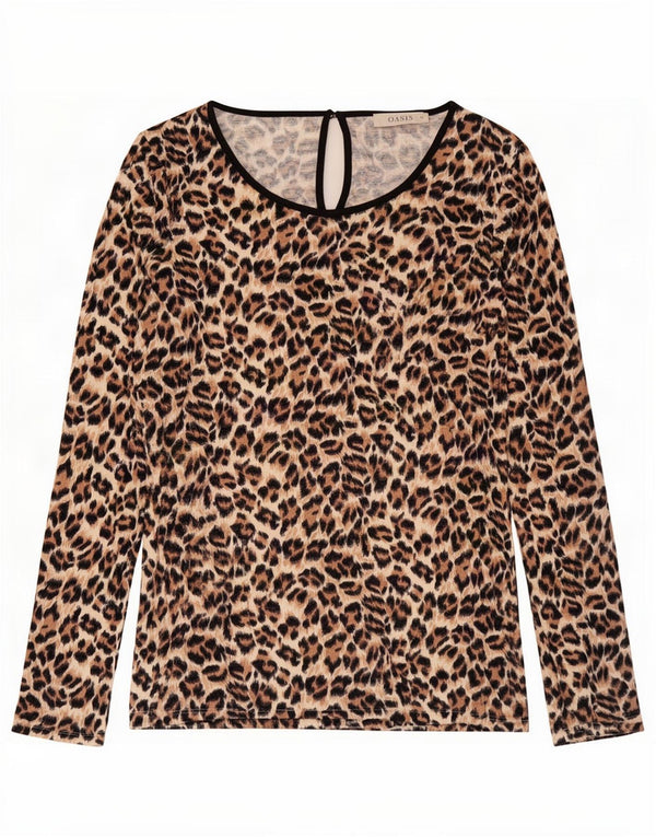 Oasis Langarm-Blusenoberteil für Damen UK 12 Mittelbraune Viskose mit Animal-Print