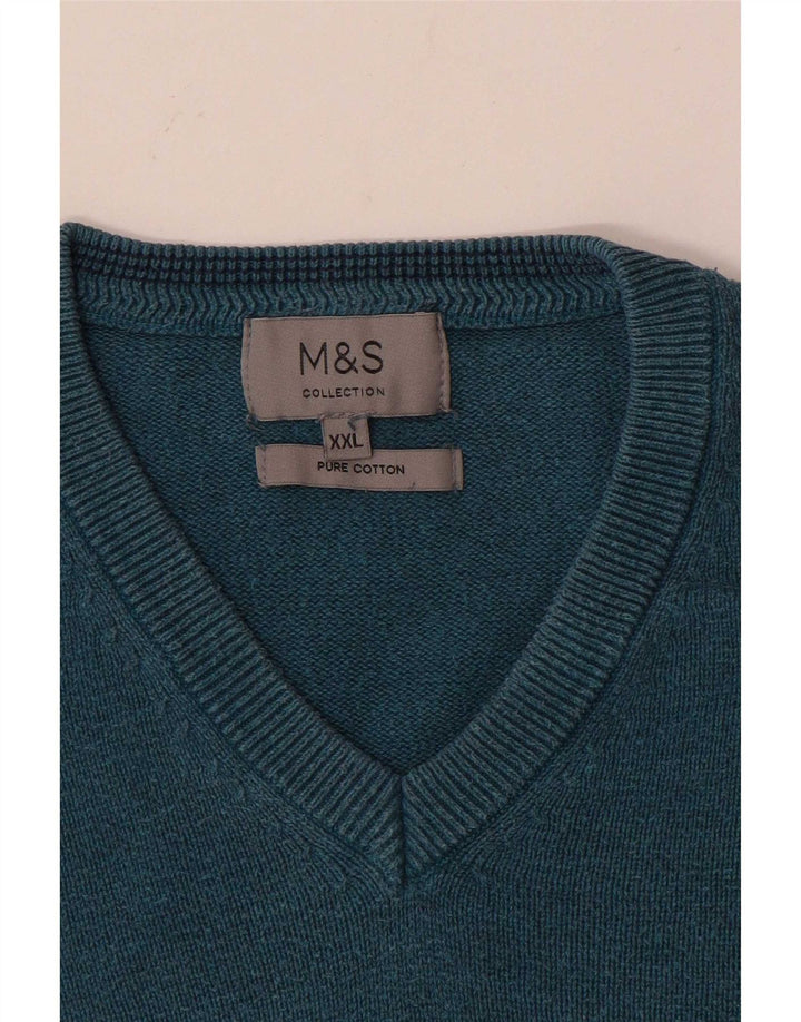 Marks & Spencer Herren-Pullover mit V-Ausschnitt, 2XL, blaue Baumwolle