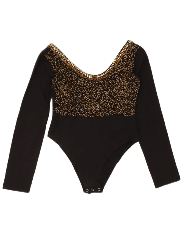 Vintage Damen Langarm-Body UK 12 Mittelschwarze Baumwolle