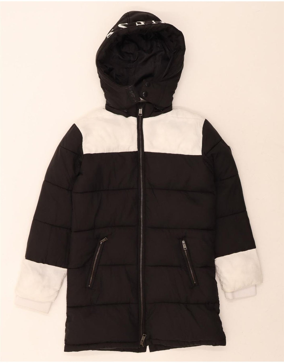 GUESS Womens Graphic Hooded Padded Jacket US 10 Large Black Colourblock Vintage Guess and Second-Hand Guess from Messina Hembry 