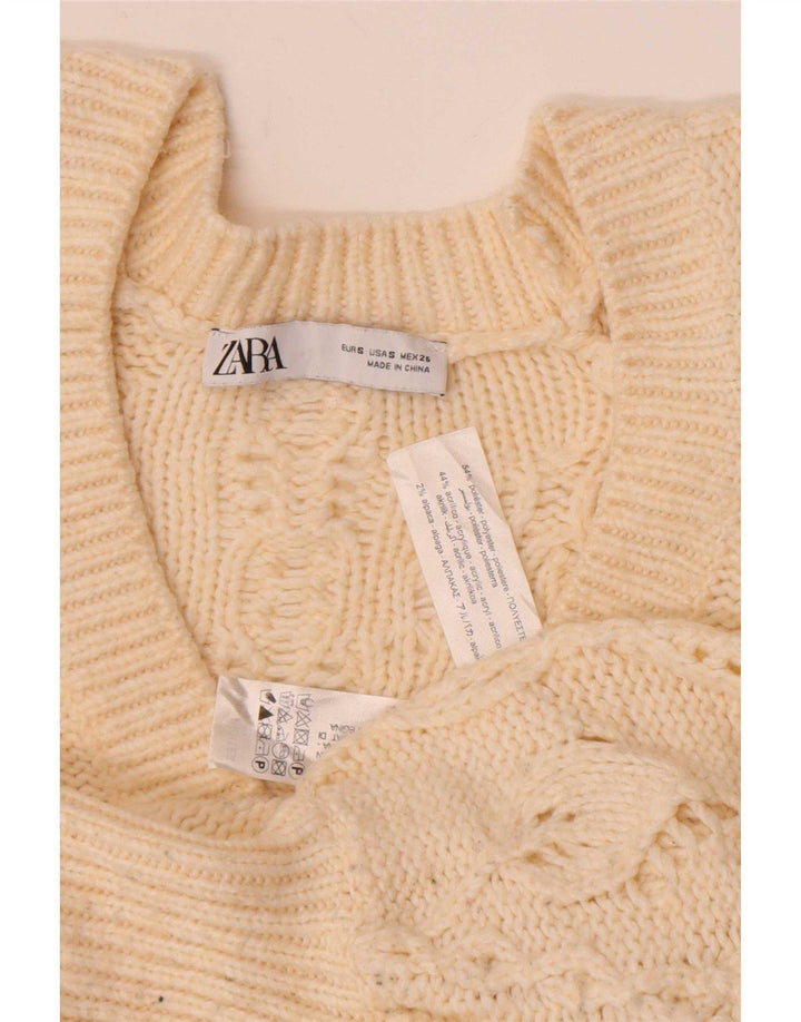 Zara Damen Crop Cardigan Pullover UK 10 Small Off White Polyester