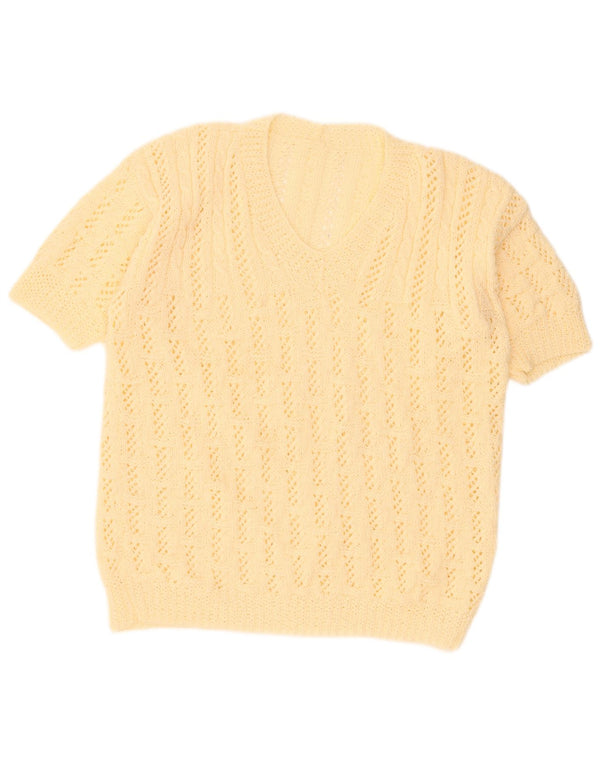 Vintage Damen Kurzärmeliger Pullover mit V-Ausschnitt UK 18 XL Beige