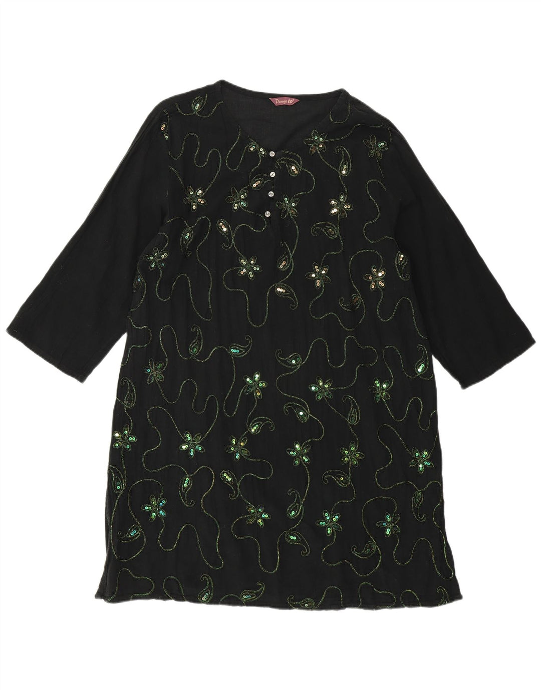 VINTAGE Damen 3/4 Ärmel Tunikakleid UK 18 XL Schwarz geblümt