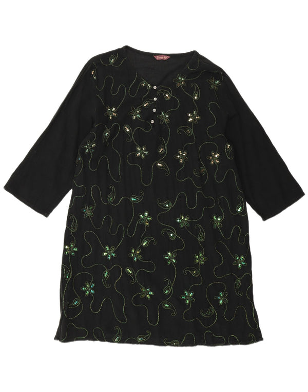 VINTAGE Damen 3/4 Ärmel Tunikakleid UK 18 XL Schwarz geblümt