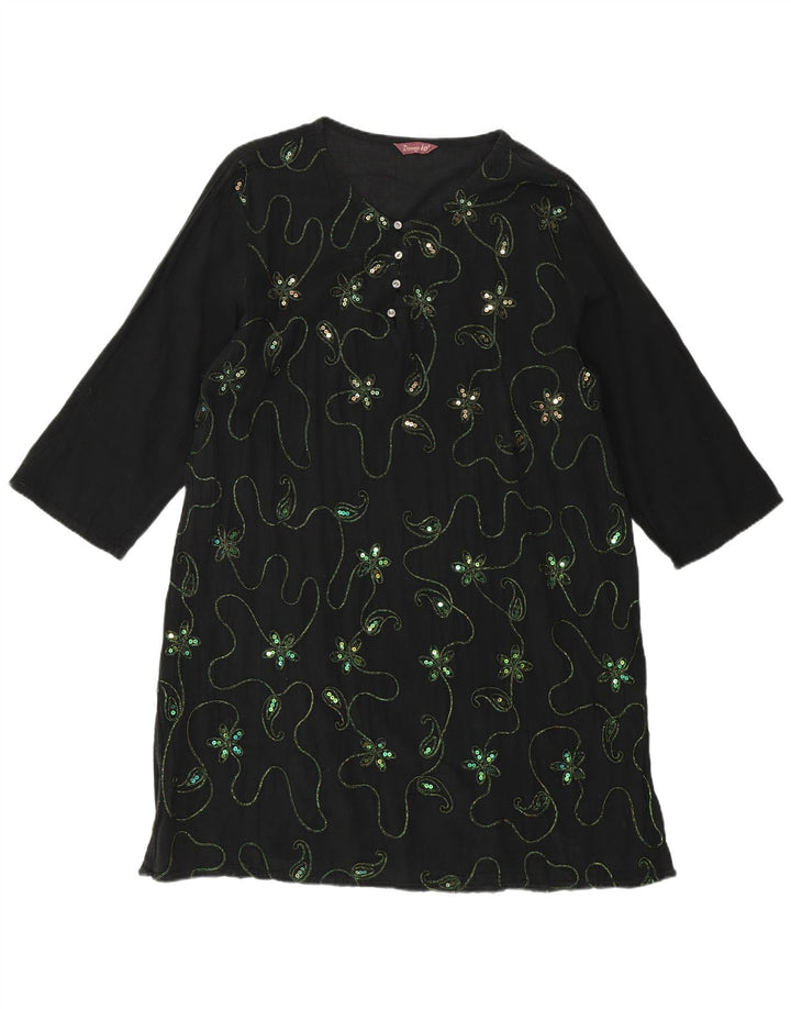 VINTAGE Damen 3/4 Ärmel Tunikakleid UK 18 XL Schwarz geblümt