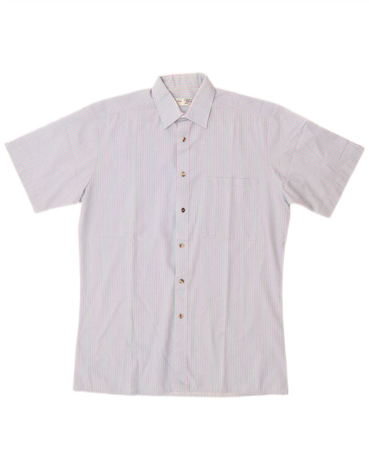 C & A Mens Short Sleeve Shirt UK 14 1/2 Small Blue Striped Polyester