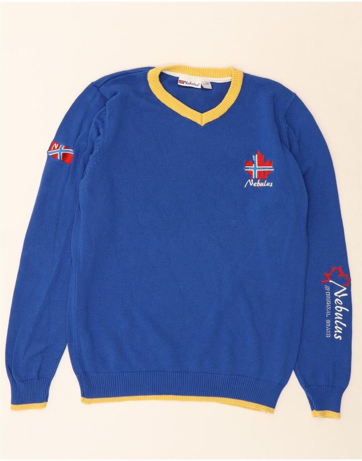 NEBULUS Herren-Pullover mit grafischem V-Ausschnitt, groß, aus blauer Baumwolle