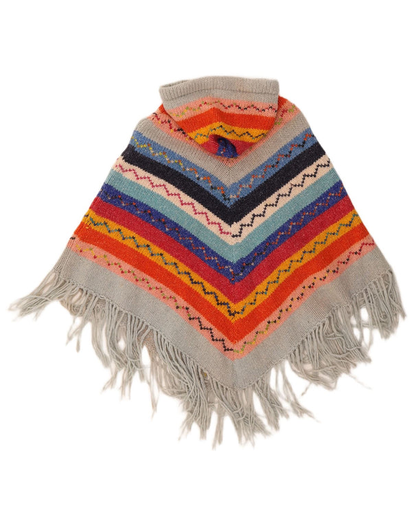Vintage Damen Poncho-Pullover mit Kapuze, Einheitsgröße, mehrfarbig, geometrisch