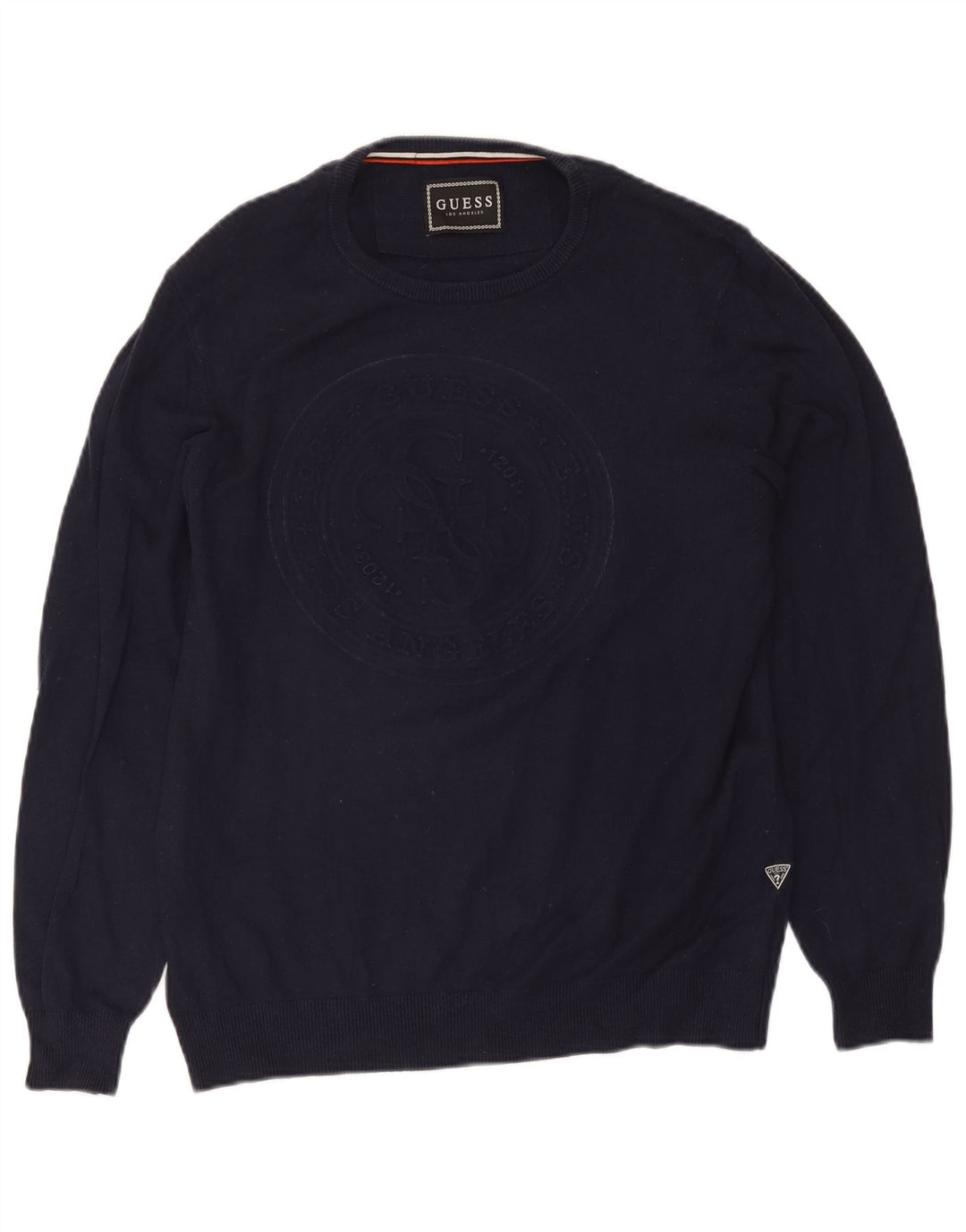 Guess Herren-Pullover mit grafischem U-Boot-Ausschnitt, Gr. 40, mittleres Marineblau