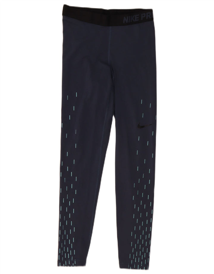 Nike Womens Dri Fit Graphic Leggings UK 12 Medium Navy Blue Geometrisch