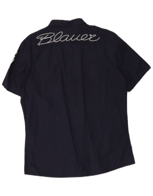 Blauer Herren-Kurzarmhemd mit Militärgrafik, 3XL, marineblaue Baumwolle