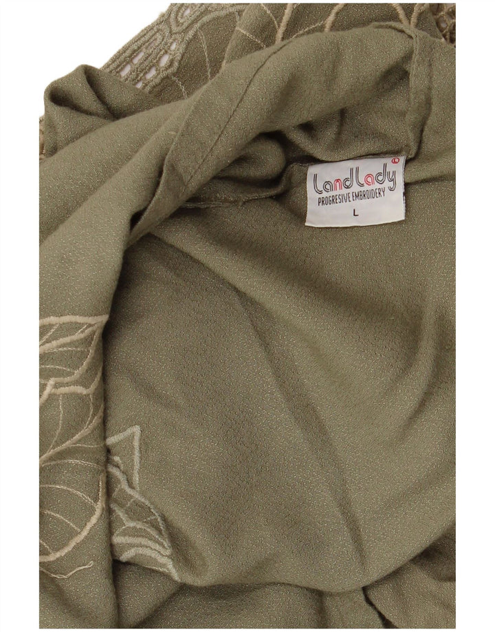 Vintage Damen Bluse Top UK 16 Großes Khaki Floral Rayon