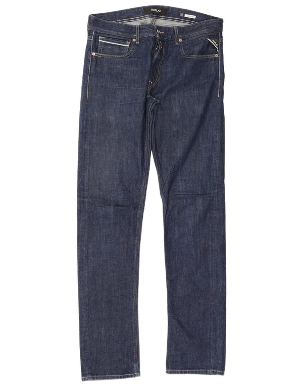 Replay Herren Grover Straight Jeans W32 L34 Marineblaue Baumwolle