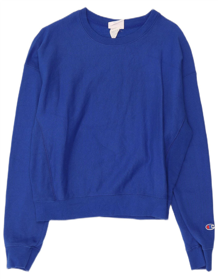 CHAMPION Damen Crop Sweatshirt Pullover UK 16 Large Blaue Baumwolle