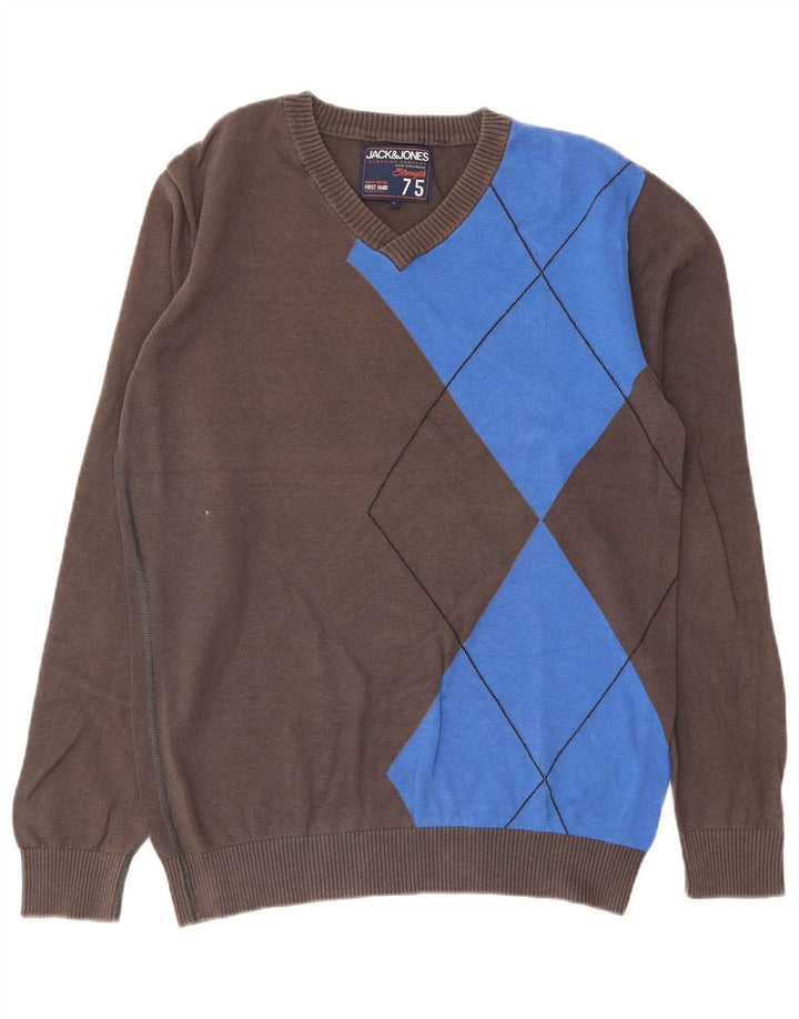 Jack & Jones Herren-Pullover mit V-Ausschnitt, groß, graue Argyle-/Diamant-Baumwolle