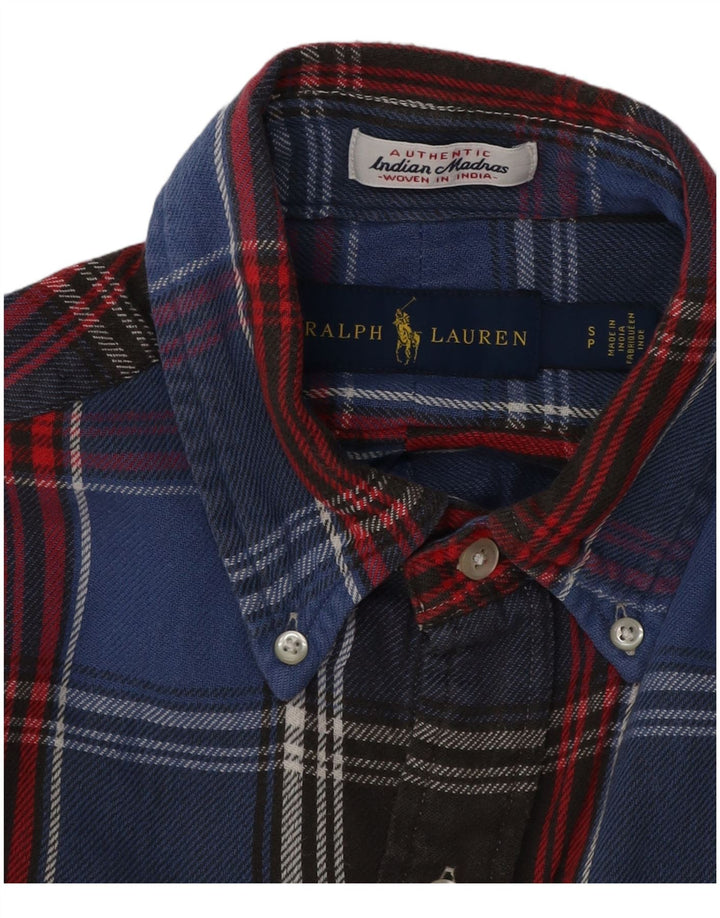 RALPH LAUREN Herren-Flanellhemd, klein, blau kariert, Baumwolle