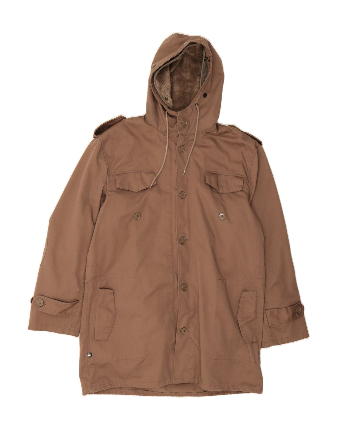 VINTAGE Mens Loose Fit Hooded Overcoat UK 36 Small Brown Polyester Vintage Vintage and Second-Hand Vintage from Messina Hembry 