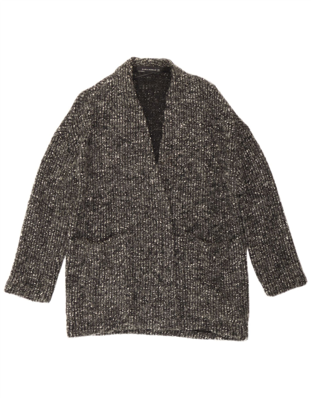 Übergroßer, offener Strickjackenpullover für Damen von Zara, Gr. 10, kleine grau gefleckte Wolle