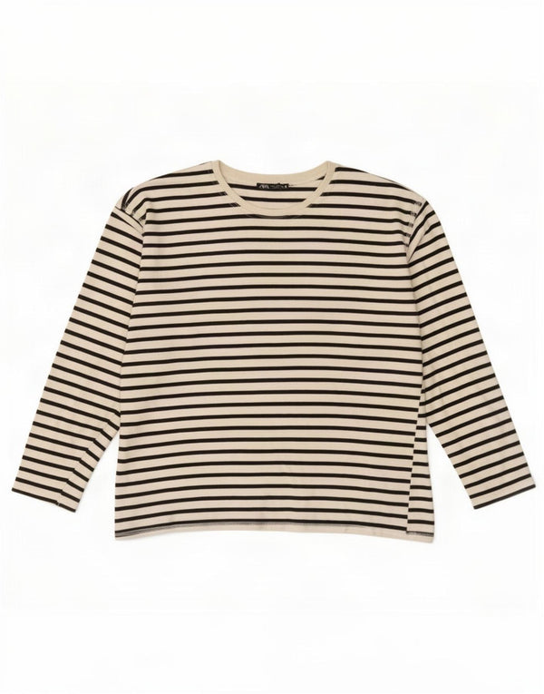 Zara Womens Top Long Sleeve UK 14 Medium White Striped Cotton