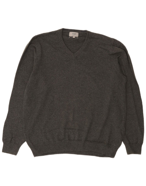 Marks & Spencer Herren-Pullover mit V-Ausschnitt, groß, aus grauer Baumwolle
