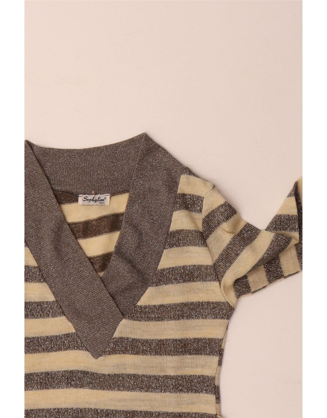 SOPHYLINE Damen-Pullover mit V-Ausschnitt, Größe S, Größe S, beige, gestreift, Polyester