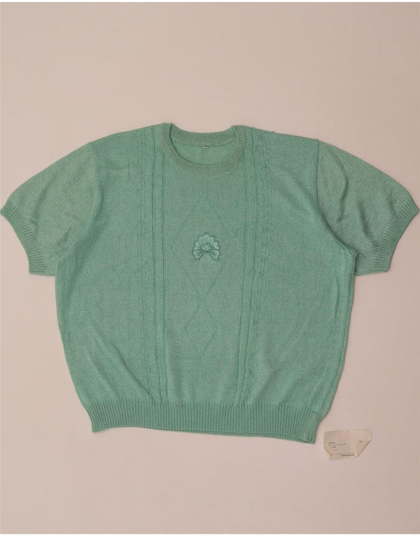 Vintage Damen Kurzärmeliger Pullover mit Rundhalsausschnitt EU 48 2XL Grün