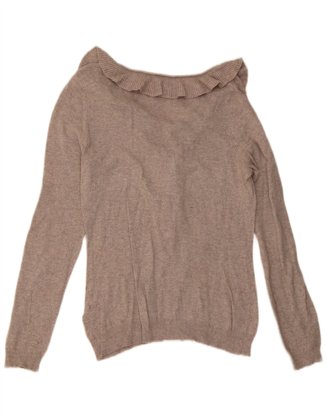 Zara Damen-Pullover mit Rüschen vorne und V-Ausschnitt, Gr. 12, Mittelbeige meliert