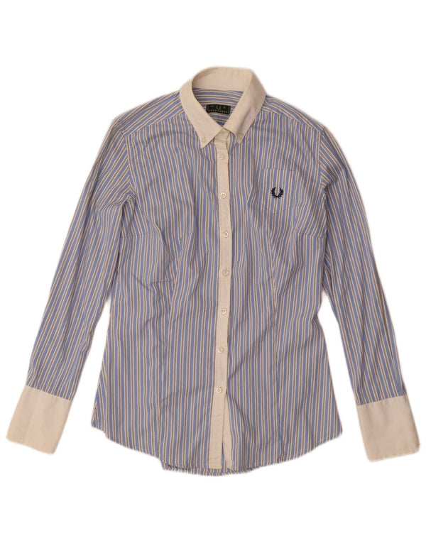 Fred Perry Damenhemd UK 14 Große blaue Nadelstreifen-Baumwolle