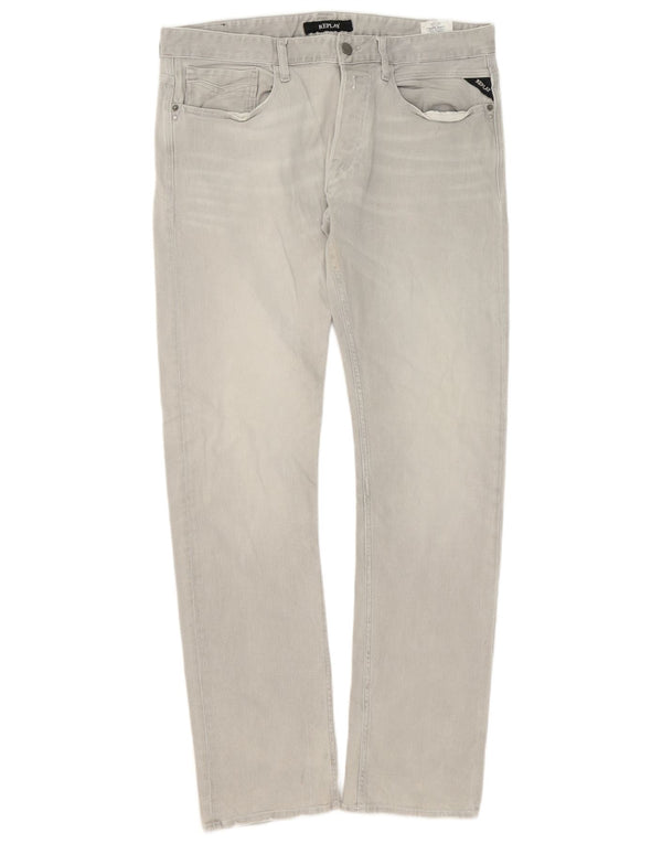 Replay Herren Straight Jeans W34 L36 Graue Baumwolle