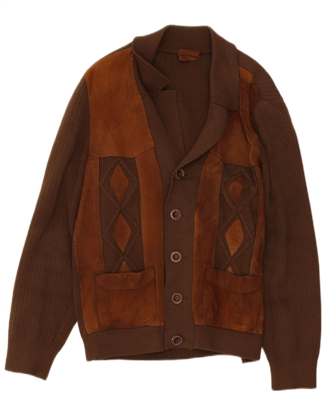 Vintage Herren Cardigan Pullover Mittelbraun Farbblock