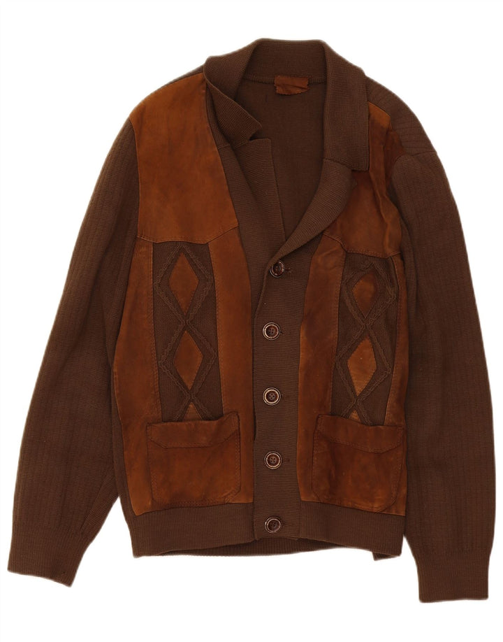 Vintage Herren Cardigan Pullover Mittelbraun Farbblock