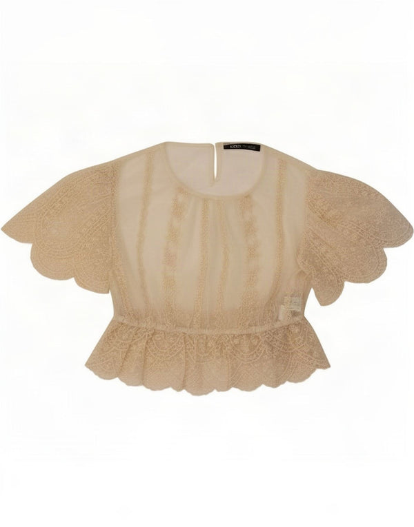 Zara Damen Crop Lace Bluse Top UK 16 Large Beige Floral Polyester