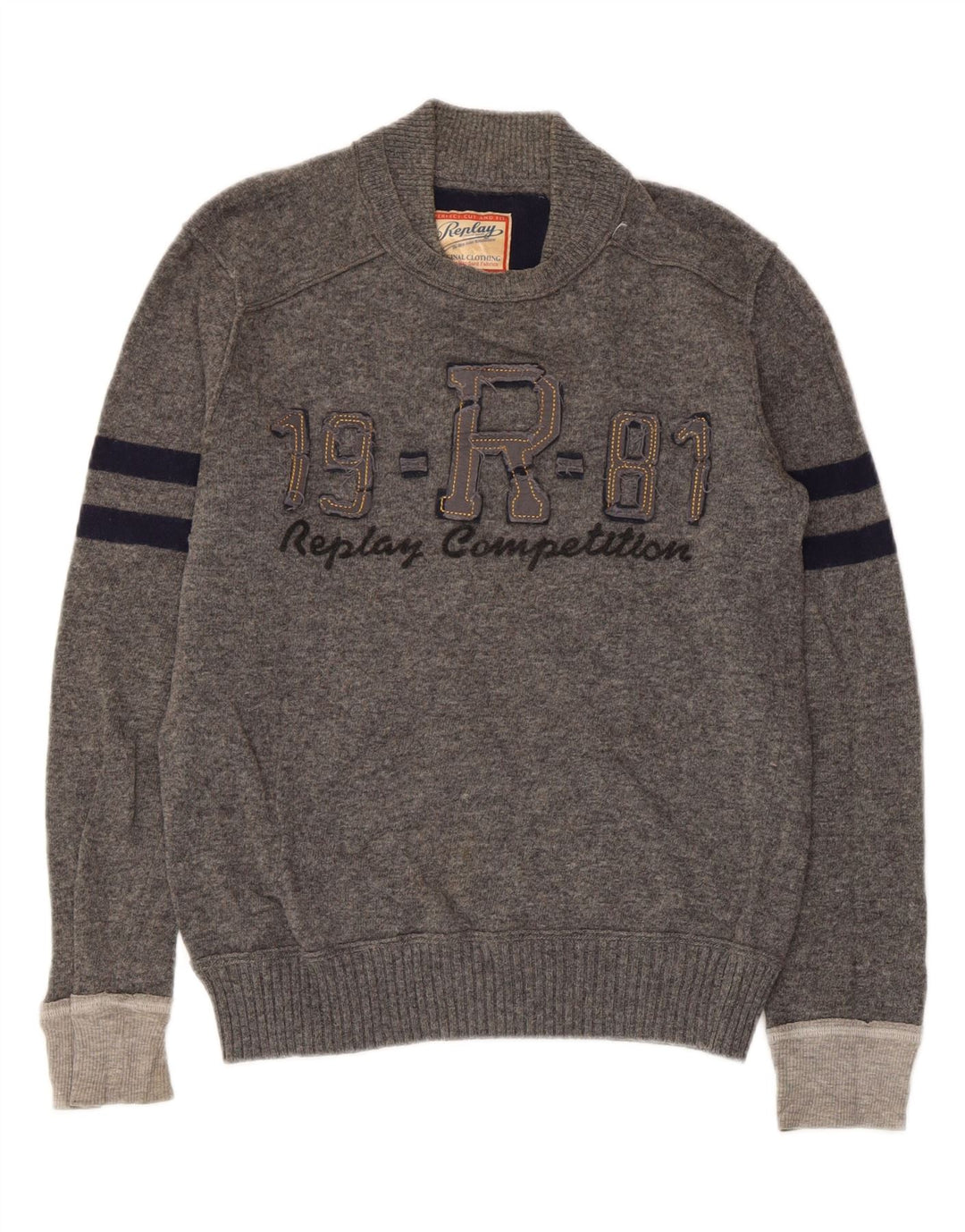 Replay Herren-Pullover mit grafischem Rundhalsausschnitt, klein, grau gestreift, Retro